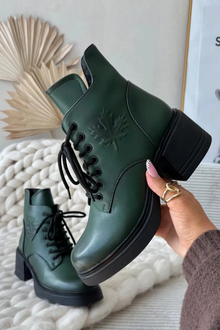 Botki Damskie Skórzane Na Klocku Ocieplane Vinceza 39950 Ciemnozielone