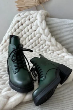 Botki Damskie Skórzane Na Klocku Ocieplane Vinceza 39950 Ciemnozielone