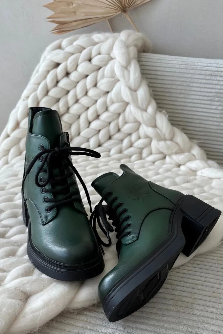 Botki Damskie Skórzane Na Klocku Ocieplane Vinceza 39950 Ciemnozielone