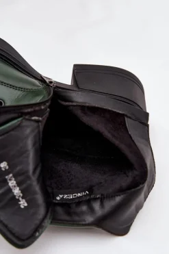 Botki Damskie Skórzane Na Klocku Ocieplane Vinceza 39950 Ciemnozielone