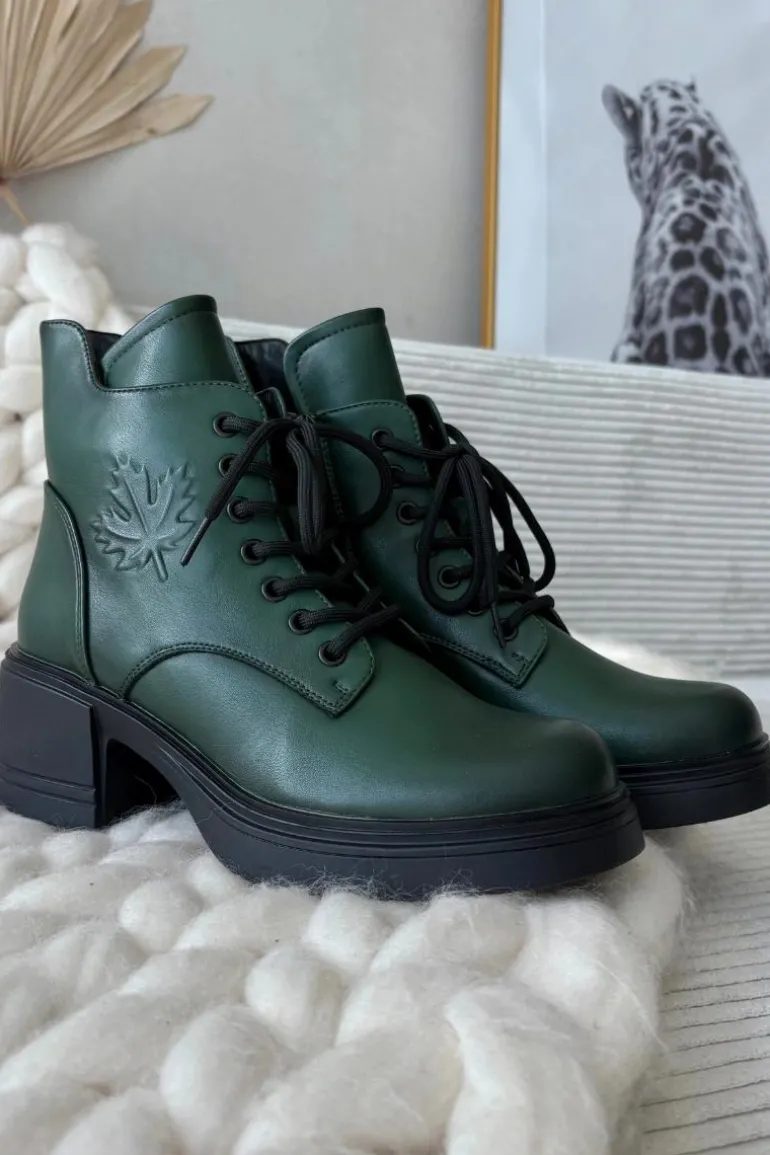 Botki Damskie Skórzane Na Klocku Ocieplane Vinceza 39950 Ciemnozielone