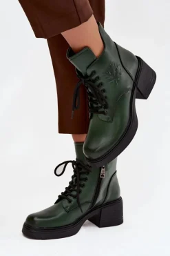 Botki Damskie Skórzane Na Klocku Ocieplane Vinceza 39950 Ciemnozielone