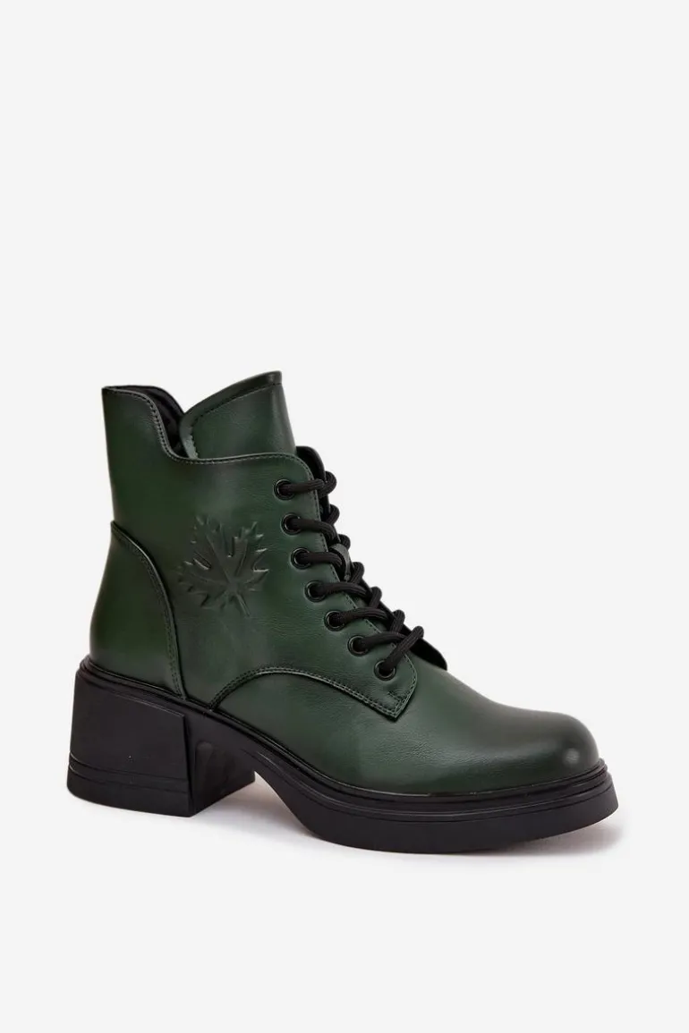 Botki Damskie Skórzane Na Klocku Ocieplane Vinceza 39950 Ciemnozielone