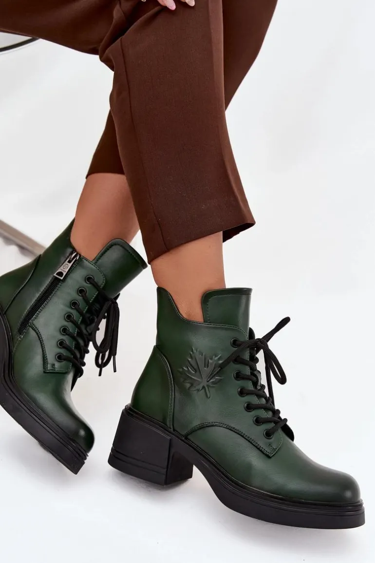 Botki Damskie Skórzane Na Klocku Ocieplane Vinceza 39950 Ciemnozielone