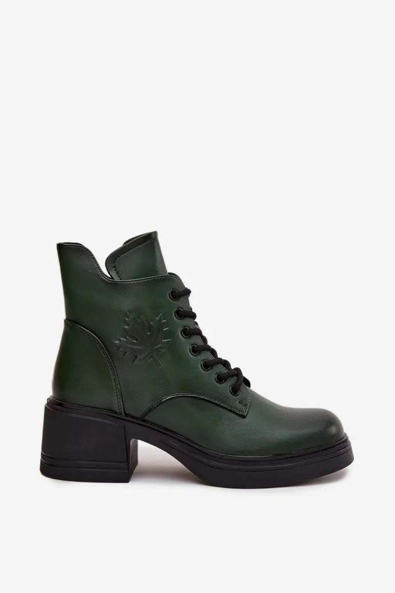 Botki Damskie Skórzane Na Klocku Ocieplane Vinceza 39950 Ciemnozielone