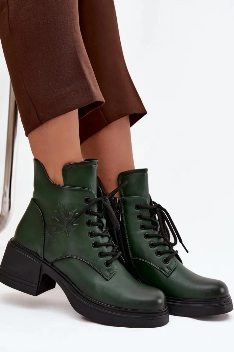 Botki Damskie Skórzane Na Klocku Ocieplane Vinceza 39950 Ciemnozielone