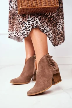 Botki Damskie Skórzane na Obcasie Laura Messi Khaki 2133