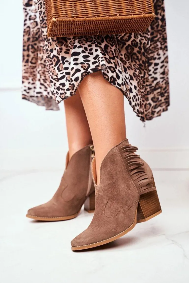 Botki Damskie Skórzane na Obcasie Laura Messi Khaki 2133