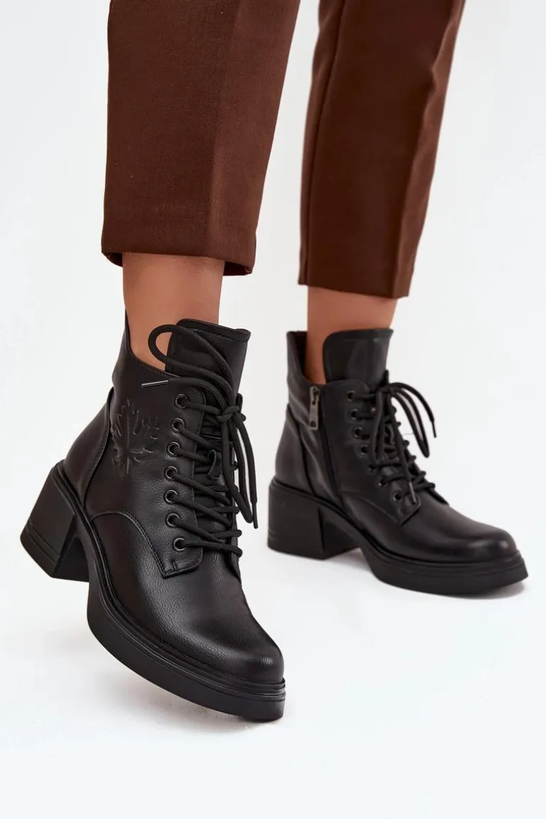 Botki Damskie Skórzane Na Klocku Ocieplane Vinceza 39950 Czarne