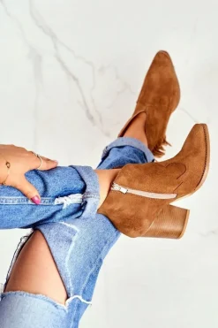 Botki Damskie Skórzane na Obcasie Laura Messi Camel 2133