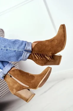 Botki Damskie Skórzane na Obcasie Laura Messi Camel 2133