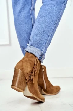 Botki Damskie Skórzane na Obcasie Laura Messi Camel 2133