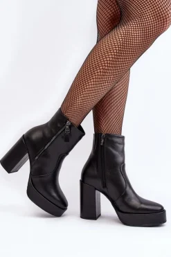 Botki Damskie Skórzane Na Słupku I Platformiei Laura Messi 2690 Czarne