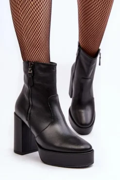 Botki Damskie Skórzane Na Słupku I Platformiei Laura Messi 2690 Czarne