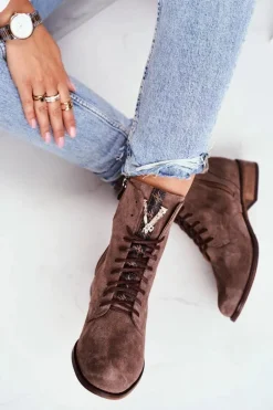 Botki Damskie Skórzane Nubuk Cappuccino Nicole 2593