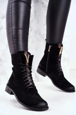 Botki Damskie Skórzane Nubuk Czarne Nicole 2593