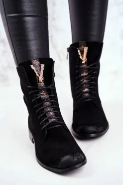 Botki Damskie Skórzane Nubuk Czarne Nicole 2593