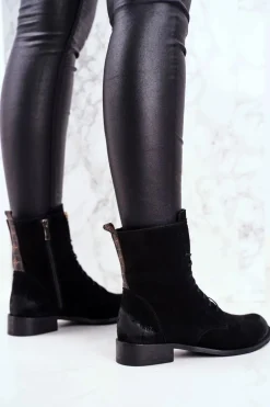 Botki Damskie Skórzane Nubuk Czarne Nicole 2593