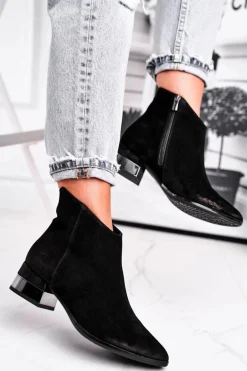 Botki Damskie Skórzane Ocieplane Laura Messi Czarne 2207