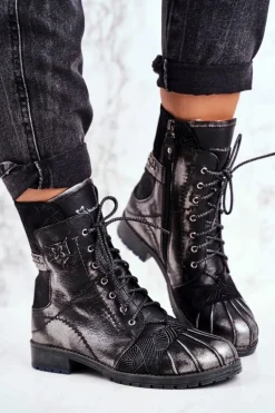 Botki Damskie Skórzane Ocieplane Maciejka Czarne 03961-01