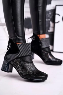 Botki Damskie Skórzane Ocieplane Maciejka Granatowe 03790-20