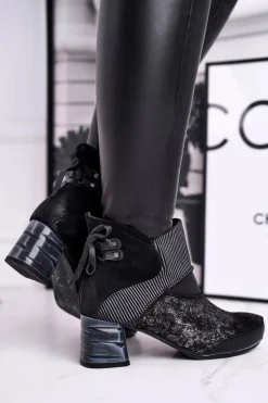 Botki Damskie Skórzane Ocieplane Maciejka Granatowe 03790-20