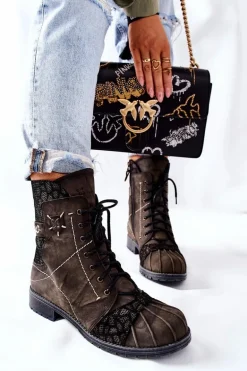 Botki Damskie Skórzane Ocieplane Maciejka Oliwkowe 03961-24