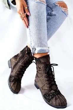 Botki Damskie Skórzane Ocieplane Maciejka Oliwkowe 03961-24