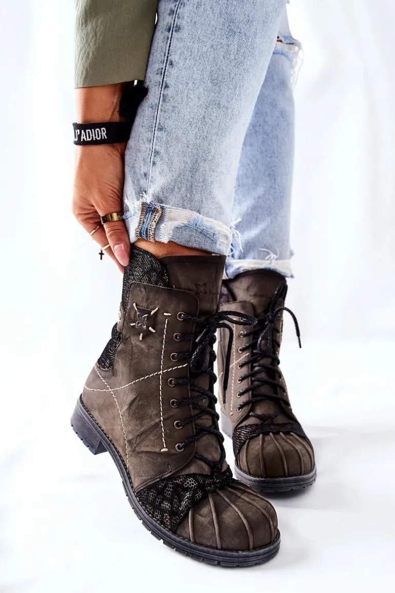 Botki Damskie Skórzane Ocieplane Maciejka Oliwkowe 03961-24