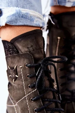 Botki Damskie Skórzane Ocieplane Maciejka Oliwkowe 03961-24