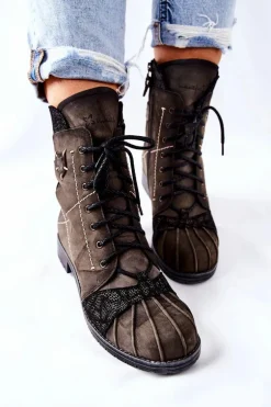 Botki Damskie Skórzane Ocieplane Maciejka Oliwkowe 03961-24