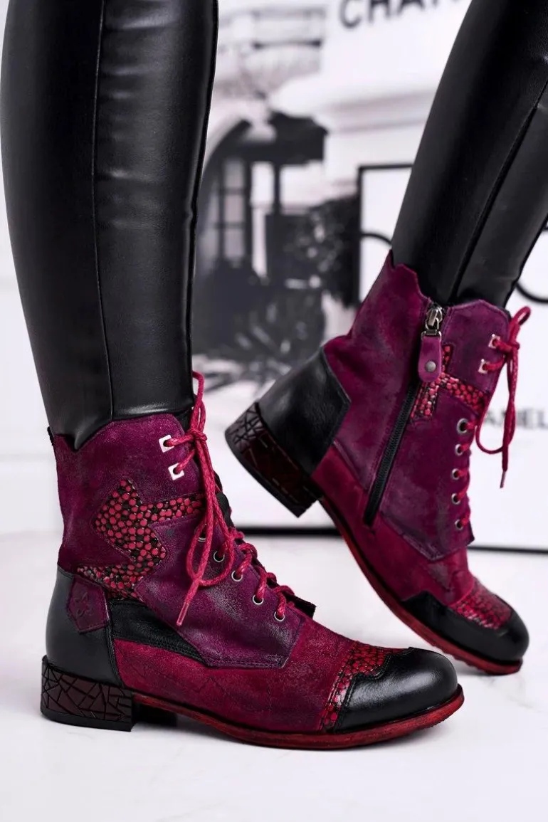 Botki Damskie Skórzane Ocieplane Maciejka Fioletowe 04625-23