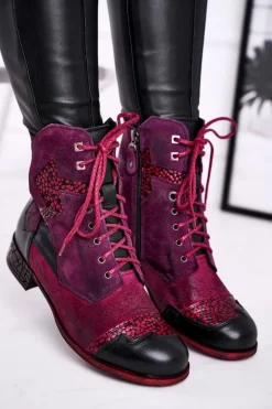 Botki Damskie Skórzane Ocieplane Maciejka Fioletowe 04625-23