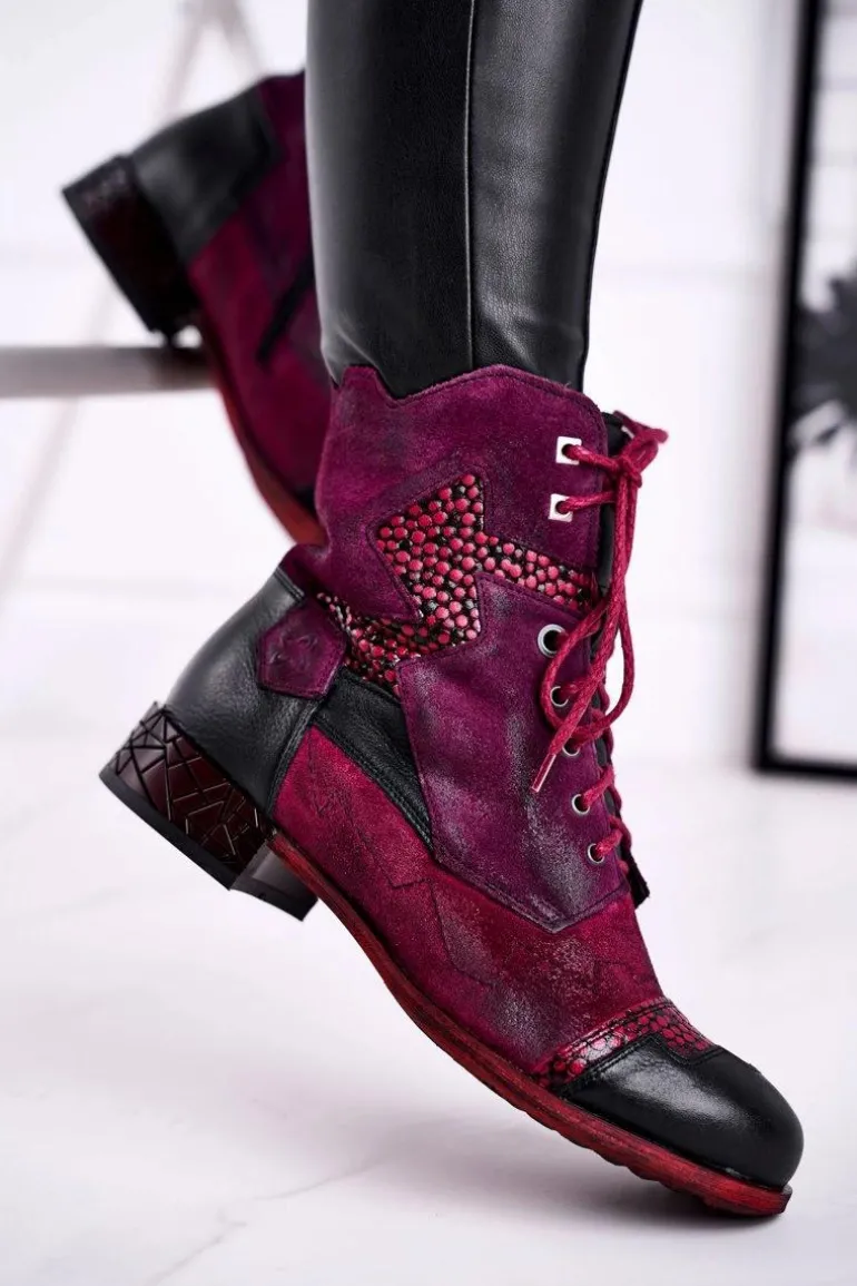 Botki Damskie Skórzane Ocieplane Maciejka Fioletowe 04625-23