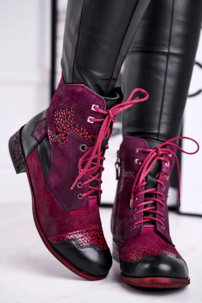 Botki Damskie Skórzane Ocieplane Maciejka Fioletowe 04625-23