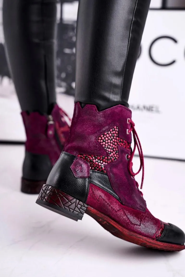 Botki Damskie Skórzane Ocieplane Maciejka Fioletowe 04625-23