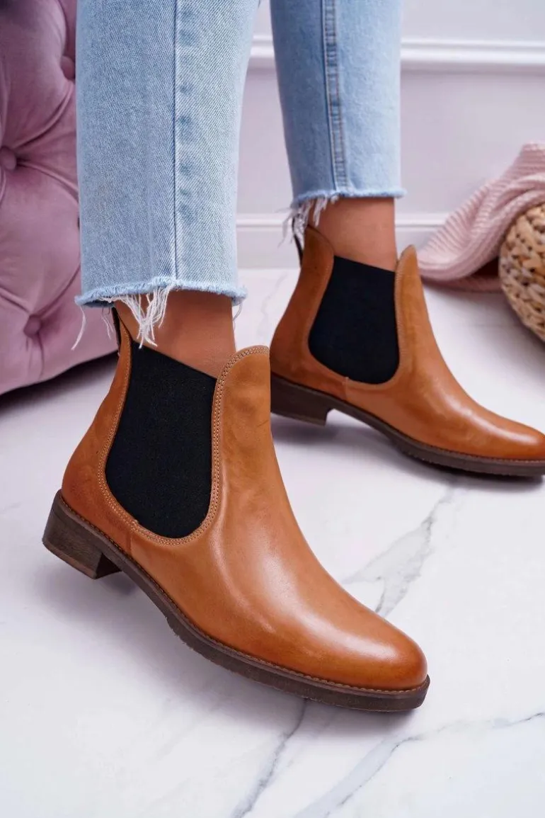 Botki Damskie Skórzane Sztyblety Maciejka Camel 04359