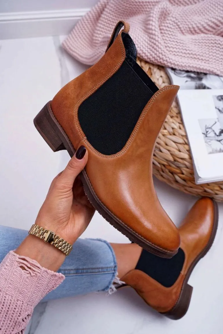 Botki Damskie Skórzane Sztyblety Maciejka Camel 04359