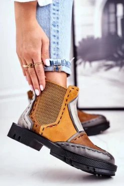 Botki Damskie Skórzane Sztyblety Maciejka Żółte 04634