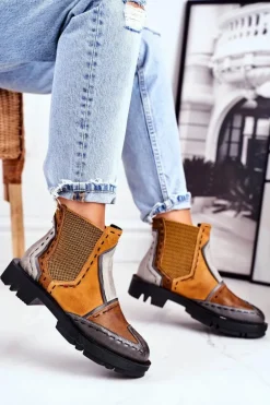 Botki Damskie Skórzane Sztyblety Maciejka Żółte 04634