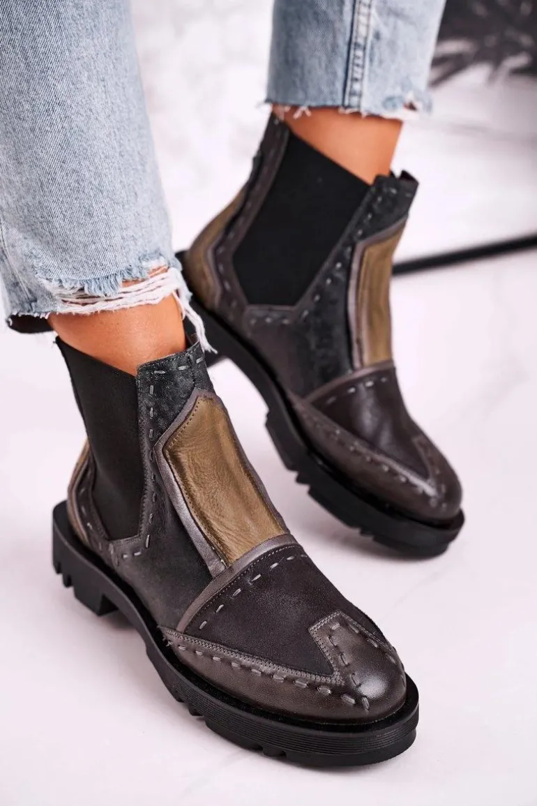 Botki Damskie Skórzane Sztyblety Maciejka Szare 04634-03