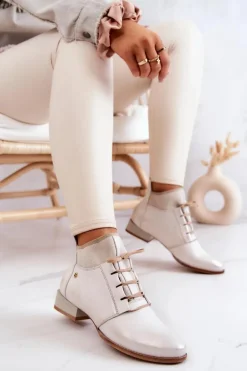 Botki Damskie Skórzane Trzewiki Maciejka Jasnobeżowe 04744-22