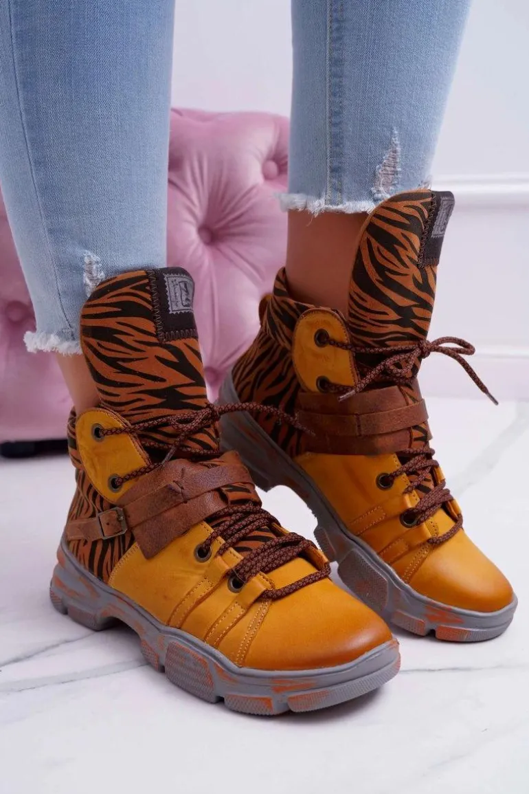 Botki Damskie Skórzane Trzewiki Maciejka Żółte 04218