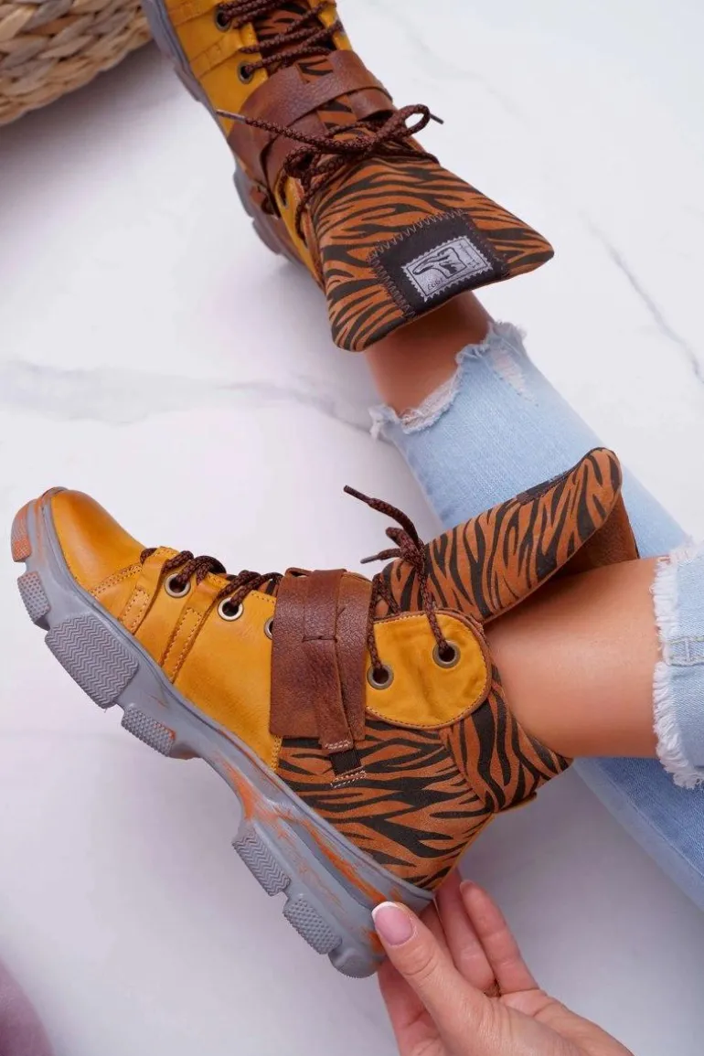 Botki Damskie Skórzane Trzewiki Maciejka Żółte 04218