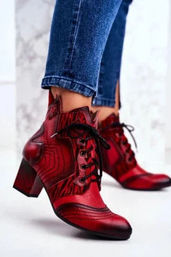 Botki Damskie Skórzane Trzewiki Maciejka Czerwone 03194