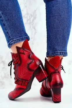 Botki Damskie Skórzane Trzewiki Maciejka Czerwone 03194