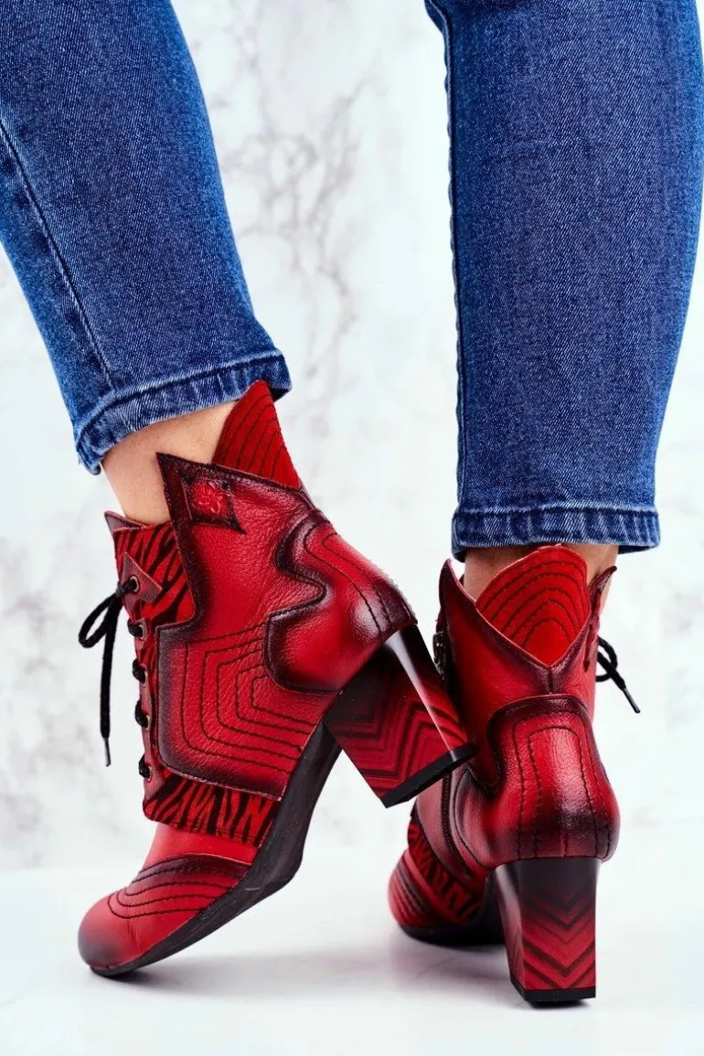Botki Damskie Skórzane Trzewiki Maciejka Czerwone 03194