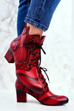 Botki Damskie Skórzane Trzewiki Maciejka Czerwone 03194