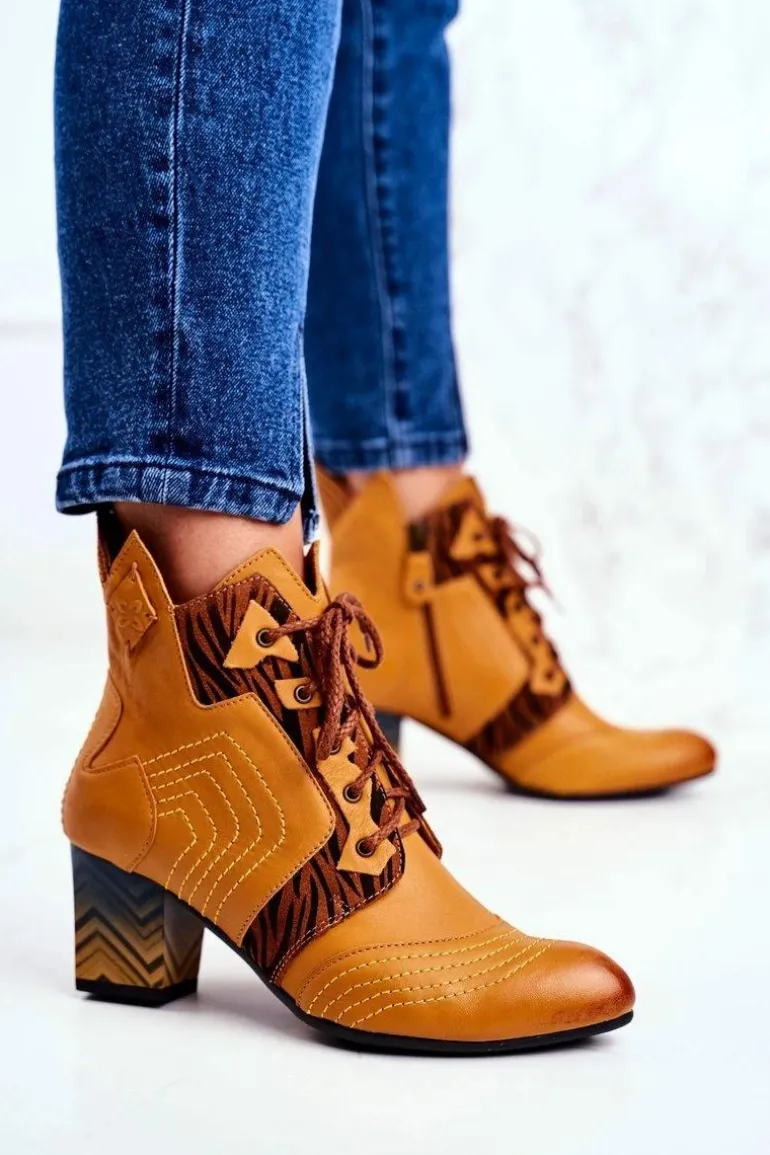 Botki Damskie Skórzane Trzewiki Maciejka Żółte 03194