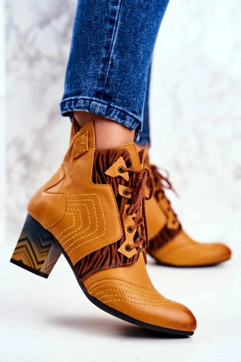 Botki Damskie Skórzane Trzewiki Maciejka Żółte 03194